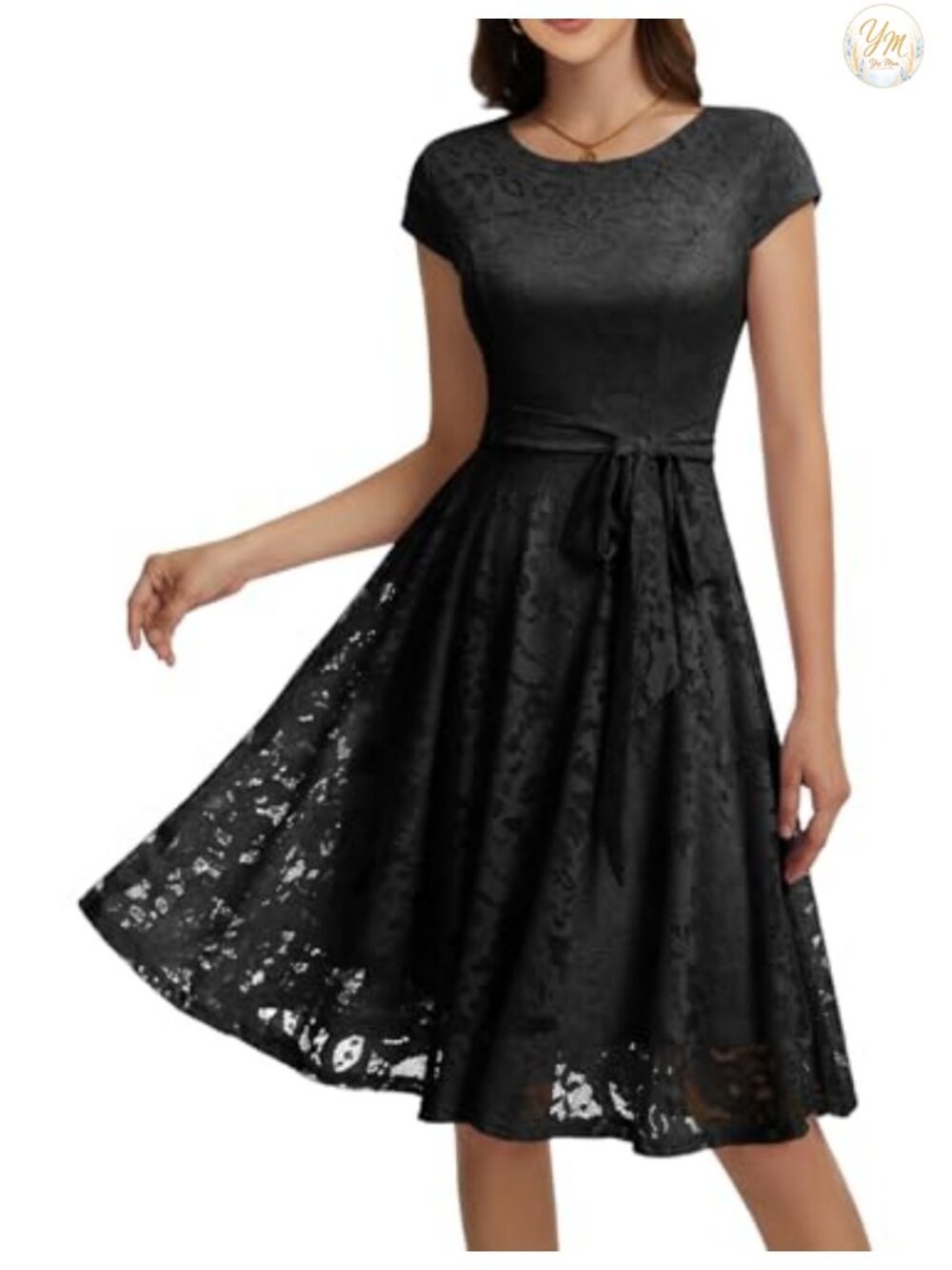 Women's Floral Lace Cocktail Party Dress High Waist A-Line Knee Length